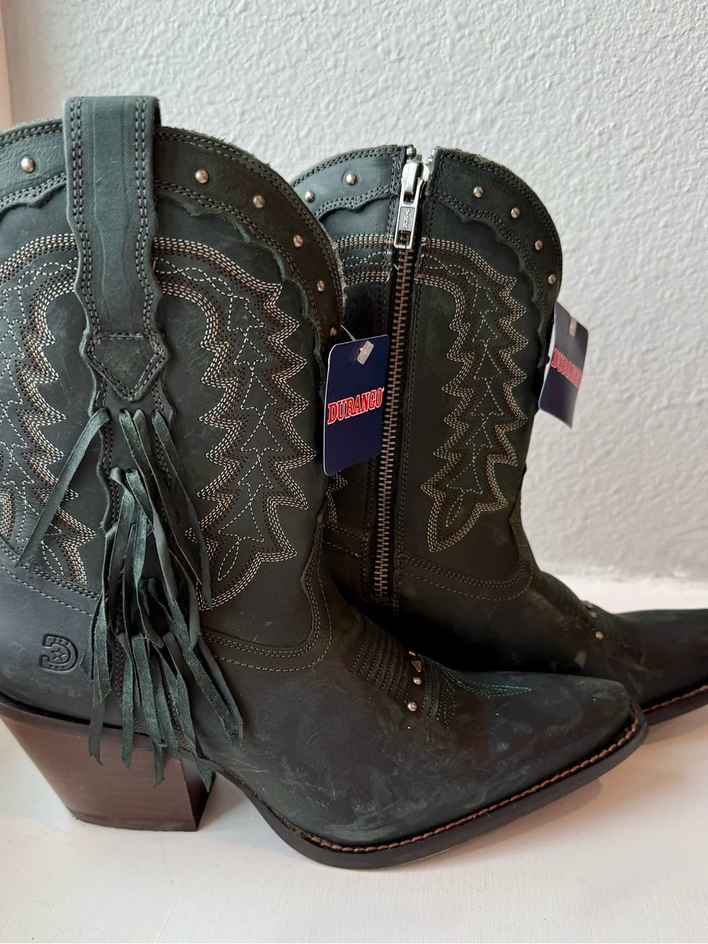 Crush by Durango Smoky Teal Suede Western Ankle Boots with Fringe and Studs